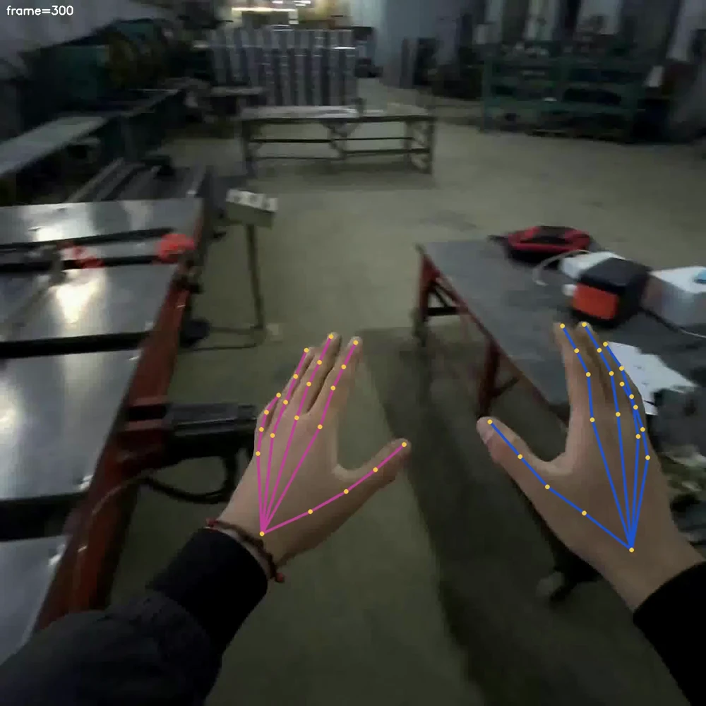 First-person EgoSuite-Open100K frame in an industrial workspace with 3D hand-pose skeleton overlays on both hands